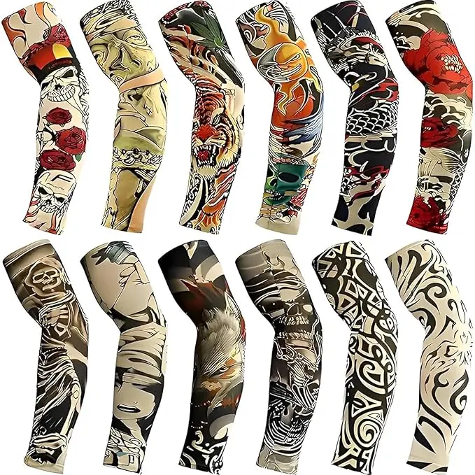 Tattoo Sleeves for Men, 12Pcs Arm Sleeves Fake Tattoos Sleeves to Cover Arms Cooling Sun Protection Sleeves, Tattoo Sleeves Set Fake Arm Sleeves Cover Realistic Soft Elasticity Arm Protection