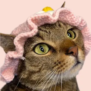Pink flower cats and dogs crochet/ knitted hat for winter, summer , autumn, all seasons and holidays, Christmas, Easter, etc.