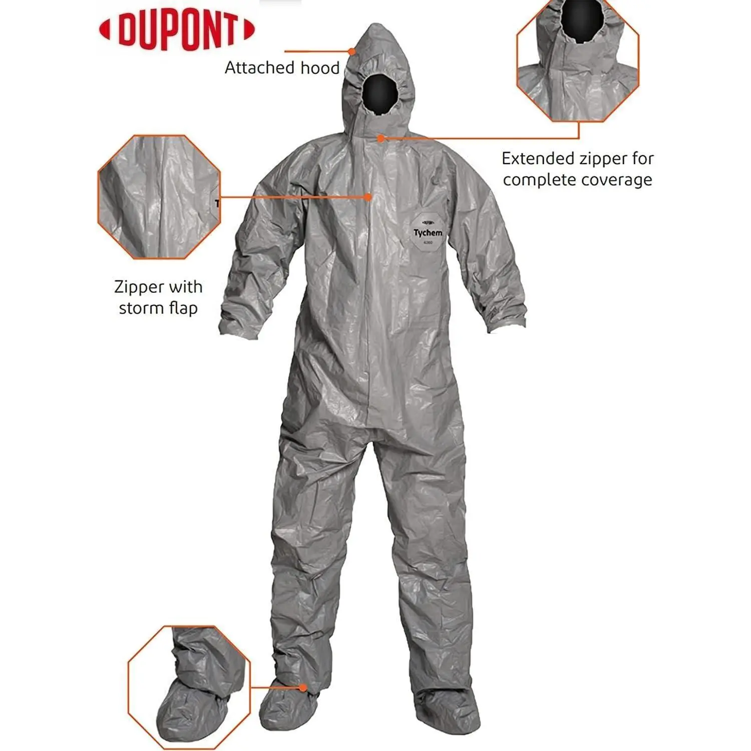 HAZMAT F 6000 Safety Protective CBRN Suit Coverall, TF169TGY, Hood & Boots [Price is per Each]