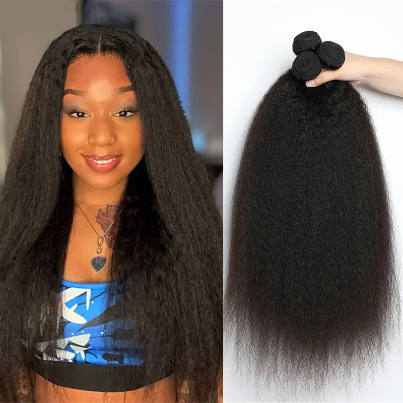 BELE HAIR 12A Grade Kinky Straight Human Hair Bundles 100% Unprocessed Brazilian Virgin  Hair Yaki Straight Bundles Yaki Hair Human Extension Deal Natural Black Color