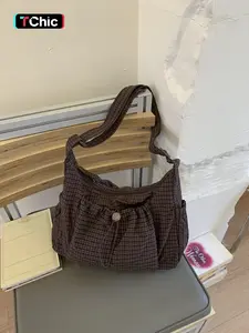 Plaid drawstring large capacity crossbody bag, Daily commuter bag, Lightweight waterproof fabric+plaid print, drawstring pleated design+adjustable shoulder strap, suitable for daily commuting, short trips, lazy single shoulder tote bag with American r