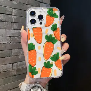 Magnetic Soft Protective Case for iPhone 11-17 Pro Max, Cartoon Carrot Doodle MagSafe-Compatible Handheld Accessory, Transparent Aesthetic Lightweight Anti-Scratch Resistance Smartphone Cover