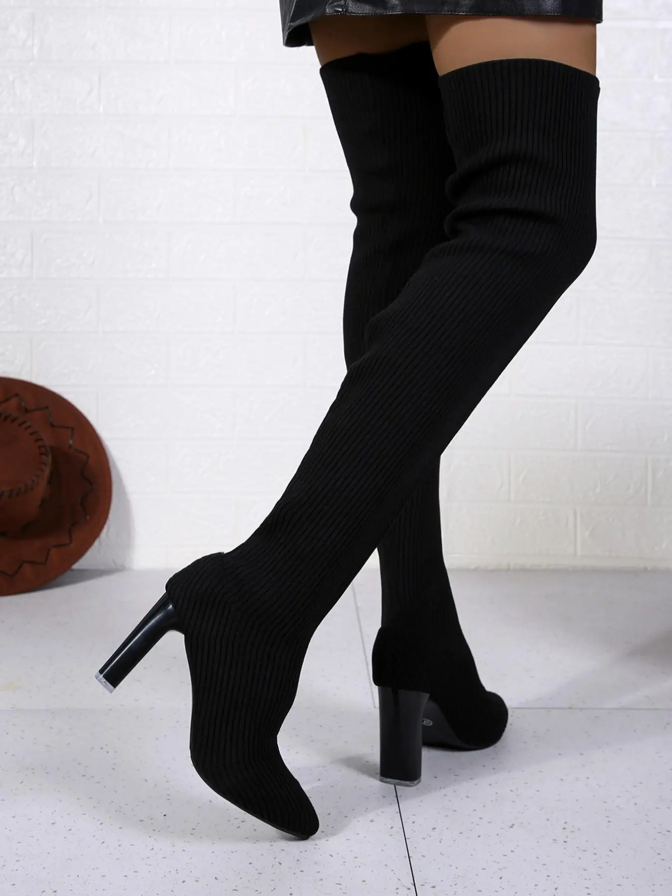 Women's Solid Textured Over The Knee Sock Boots, Fashionable Pointed Toe High Heel Boots for Daily Wear, Female All-match Boots for Daily Wear