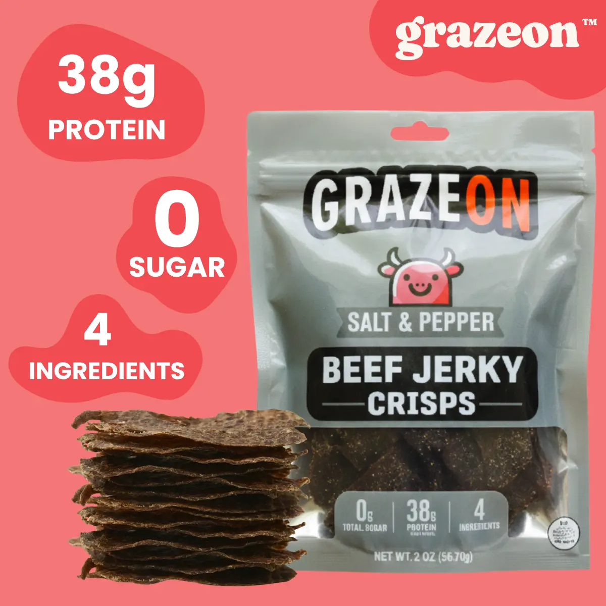 GrazeOn Salt and Pepper Beef Jerky Crisps - High Protein, No Sugar, Crunchy Air-Dried Meat Snack, All-Natural, 2.0 oz, Keto-Friendly, Paleo-Approved