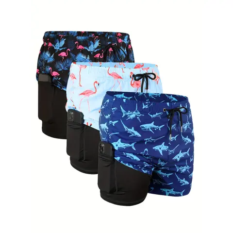 Male Athletic Swim Trunks - 3-Piece Polyester Shorts with Compression Lining, Drawstring Waist, Regular Fit, Machine Washable for Summer Beach Use,sohochic