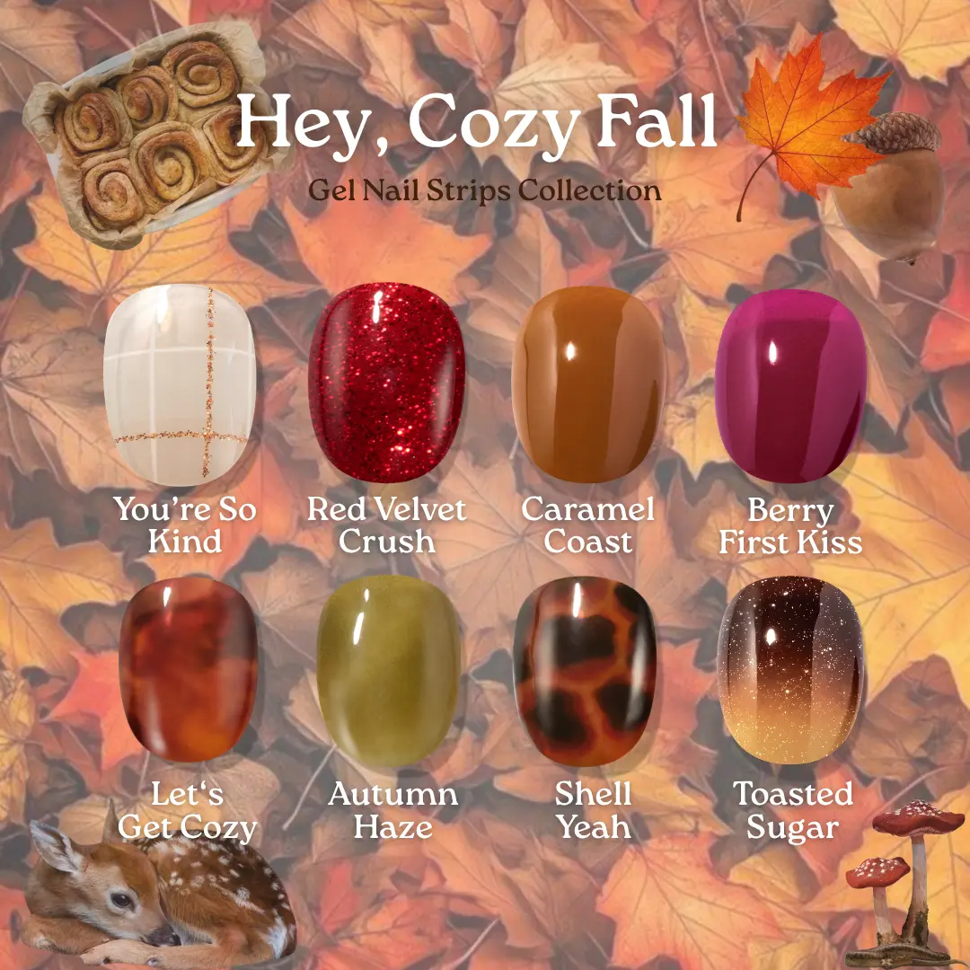 HeyHae Cozy Fall Semi Cured Gel Nails Strips Collection | 28 Strips | No UV Lamp Needed, Sun-cure, Real Gel Nails | At Home Luxe Salon Quality | Pro-Level Shine & Long-Lasting Finish | Fall Nails Season Autumn Brown Red Tortoise Syrup Glitter Korean Nails