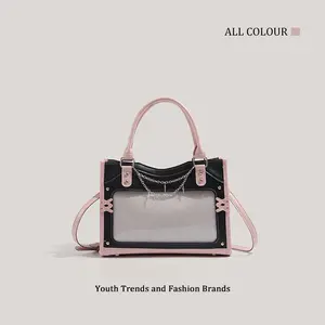 Y2K Sweet & Cool Ita Tote Bag, Mini Clear Window Anime Collectible Purse, Japanese-Style Top-Handle & Crossbody Bag Fashionable Plaid Shoulder Platinum Fashion Blogger Beach