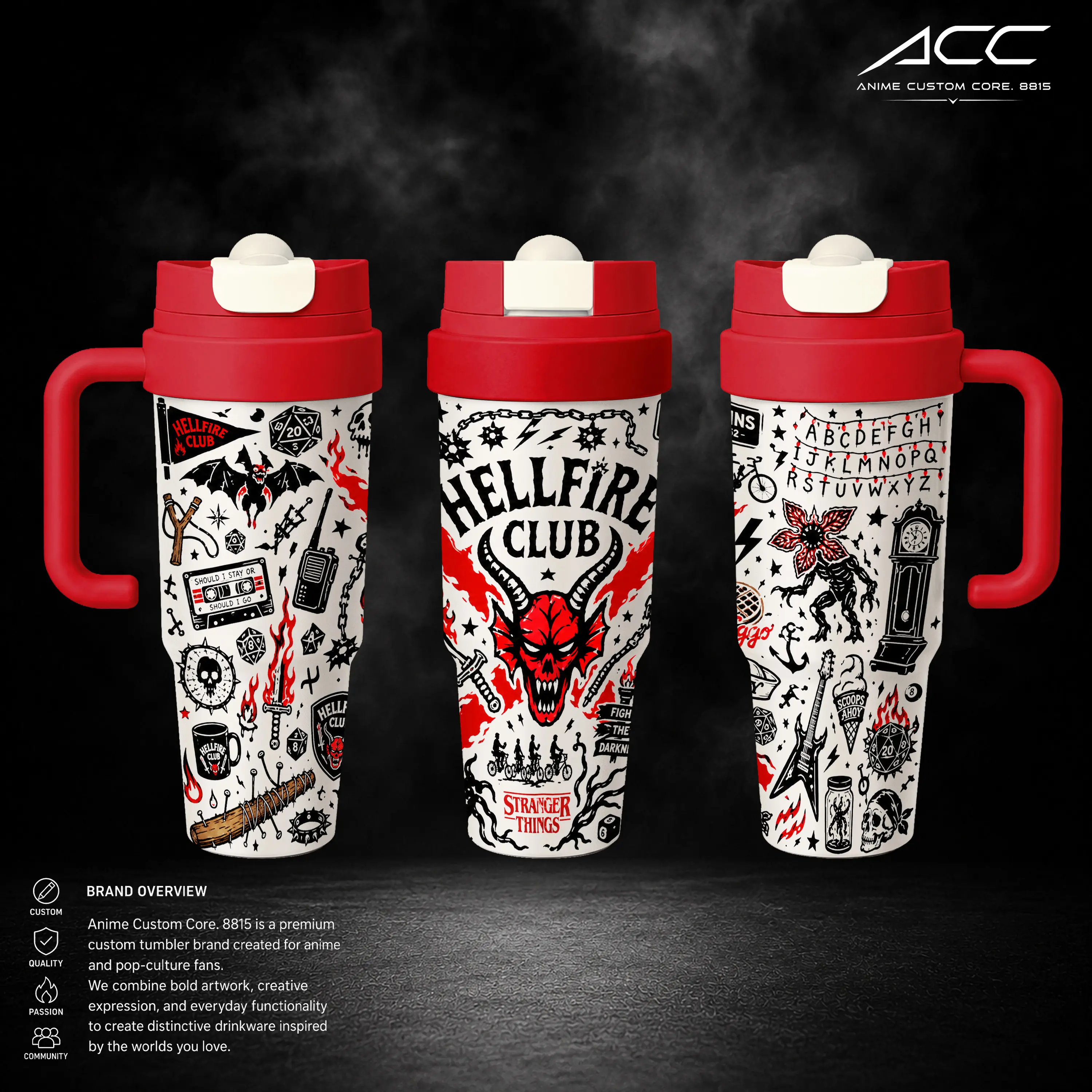 Hellfire Club Stranger Things Tumbler, 17oz 24oz 30oz Insulated Stainless Steel Cup with Handle, Vacuum Travel Mug, Double Wall Coffee Tumbler, Thermal Cup, Reusable Drinkware, TV Series Fan Gift