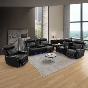 Summervibes Black Breathable Leather 3-Piece Living Room Functional Sofa Set