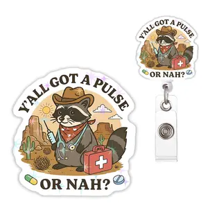 HANDICHI Design Funny 2 Inch Raccoon Nurse Badge Reel, Y'all Got A Pulse Or Nah ID Badge Holder Retractable Clip for RN CNA LPN MA Nursing Student Healthcare Medical Worker