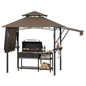 9x5 Grill Gazebo Outdoor BBQ Canopy, Double Tier Patio Grill Shelter with Adjustable Dual Side Awnings, 2 Handy Shelves, Hooks & Ceiling Light Hook, Heavy Duty Steel Frame for Backyard-Coffee