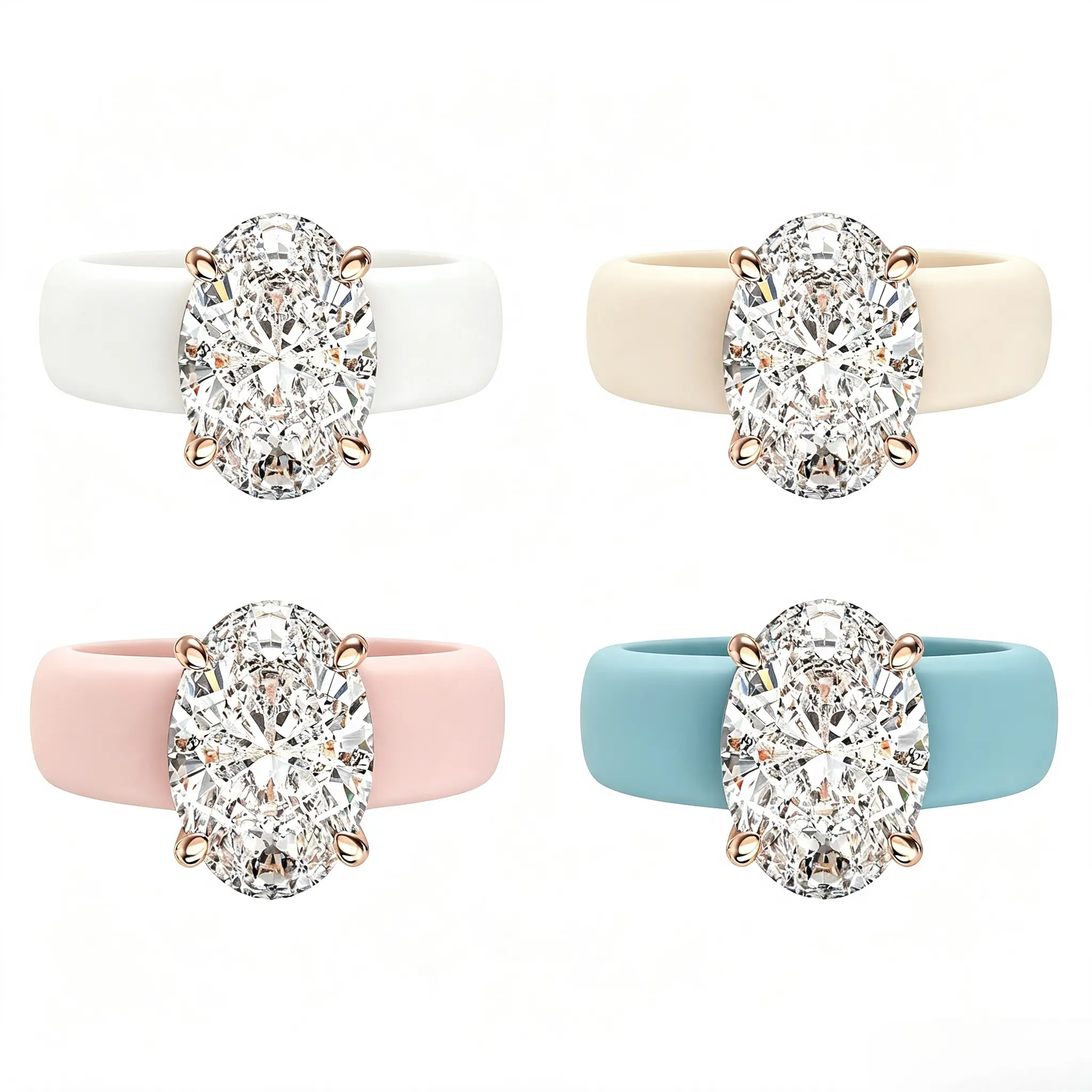 Gorgeous Oval Cut Cubic Zirconia Solitaire Ring Soft Wide Silicone Band Rose Gold 4 Prong Setting Pastel White Cream Pink Turquoise Stackable Statement Engagement Promise Ring Comfort Fashion Jewelry Gift for Women