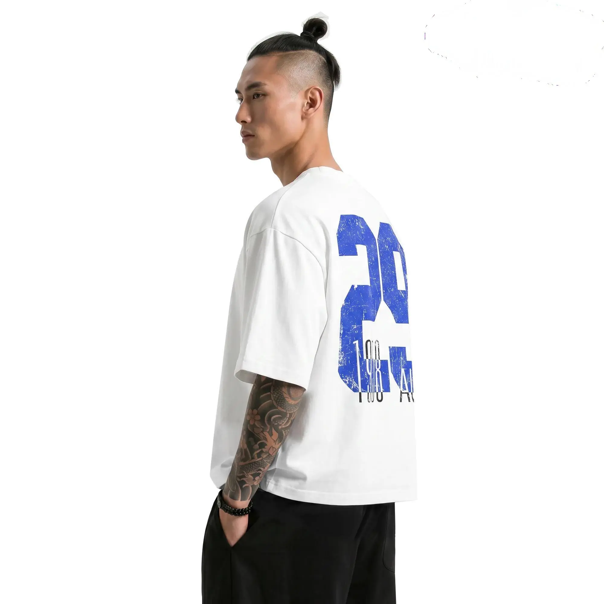 Unisex 12oz Heavyweight 100% Cotton Round Neck Graphic T-Shirt, Drop-Shoulder Boxy Cropped Baggy Casual Top, Structured Drape All-Season Streetwear Gym Pump-Cover Menswear