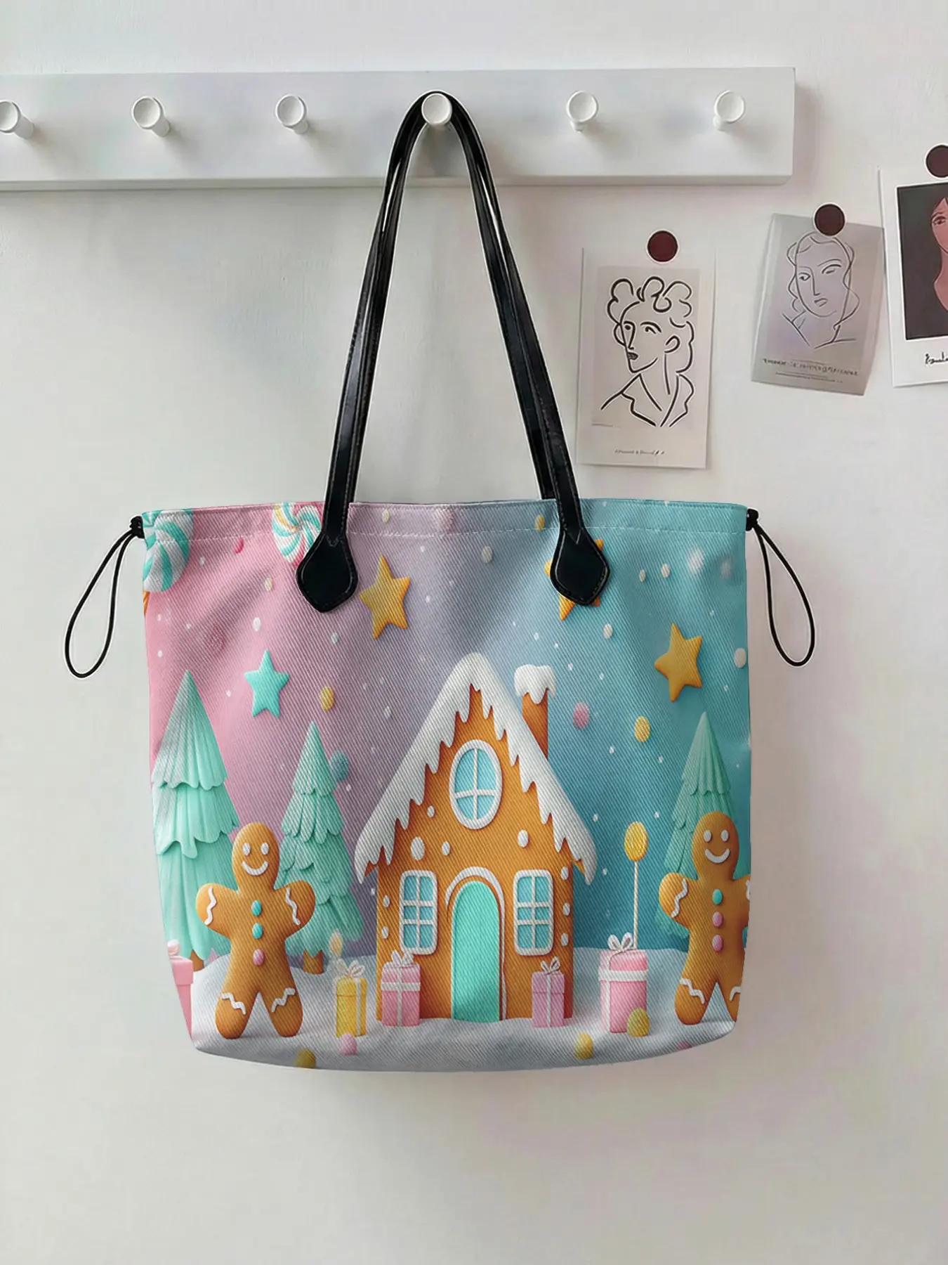 Christmas Theme Gingerbread Man Pattern Drawstring Tote Bag, Large Capacity Shopping Bag, Durable & Wear-Resistant, Ideal for Work/park/business