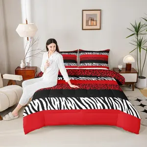 Leopard Print Kids Comforter Set,Zebra Skin Rustic Bedding Set,Girls Boys Adults Room Decor,Abstract Animals Skin Stripes Down Comforter,Red Black Fashion ​Duvet Insert