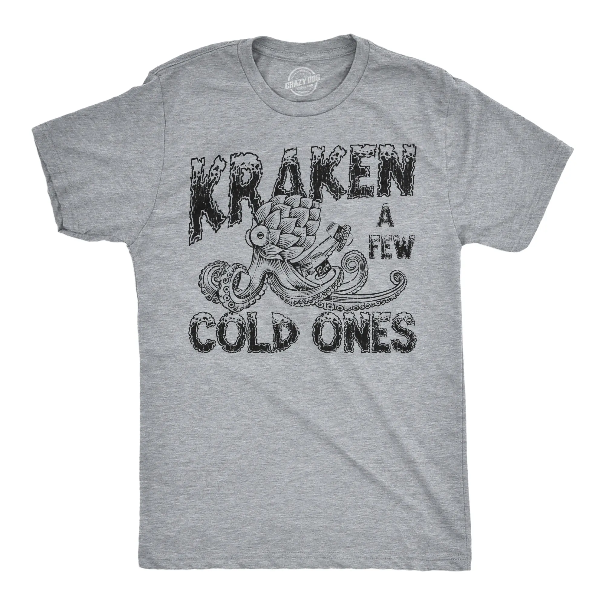 Mens Funny T Shirts Kraken A Few Cold Ones Ocean Giant Squid Drinking Tee for Men Mens Funny T Shirts Cool Vintage Fashion T-Shirt Gift Classic Menswear Animal Apparel for Men Funny Drinking Short Sleeve Light Grey