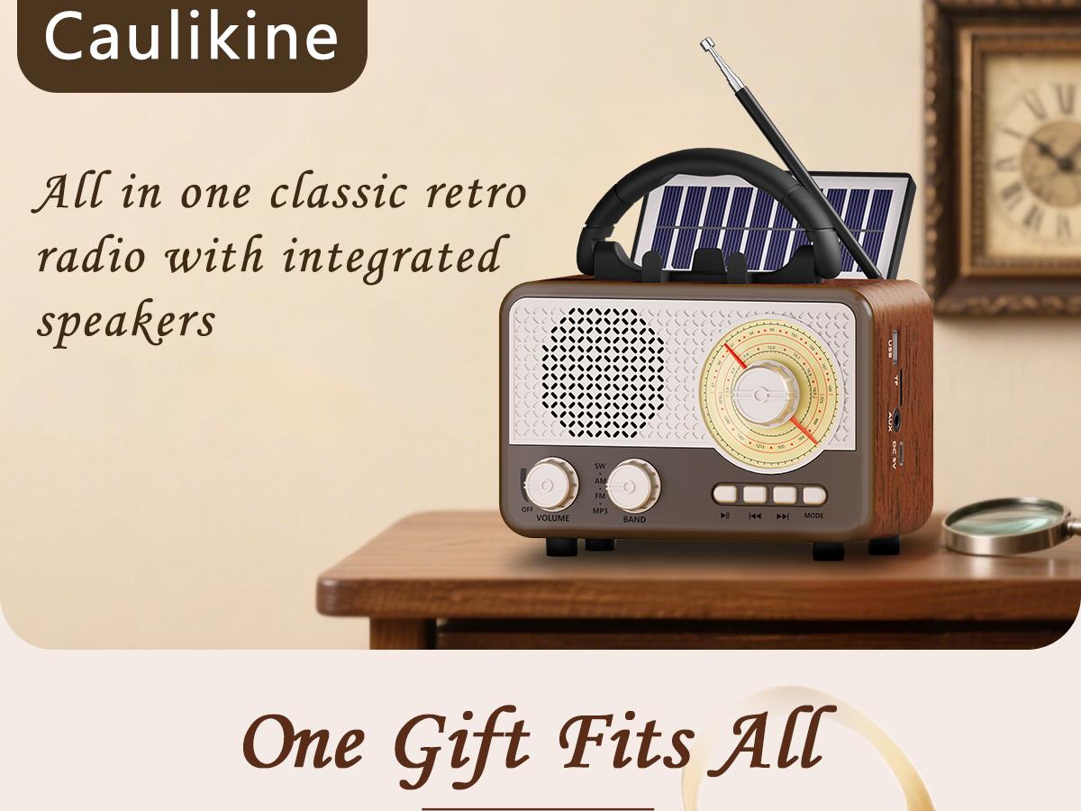 Radio Portable AM FM SW Bluetooth Speaker Vintage Radios with Phone Stand TF Card/AUX/USB Small Retro Radio Battery Powered&Solar for Outdoor Old Vintage Decor Birthday Gifts for Women,Men,Dad