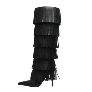 Women Black Tiered Fringe Over-the-Knee Boots Pointed Toe Stiletto High Heels Winter Fashion Party Boots