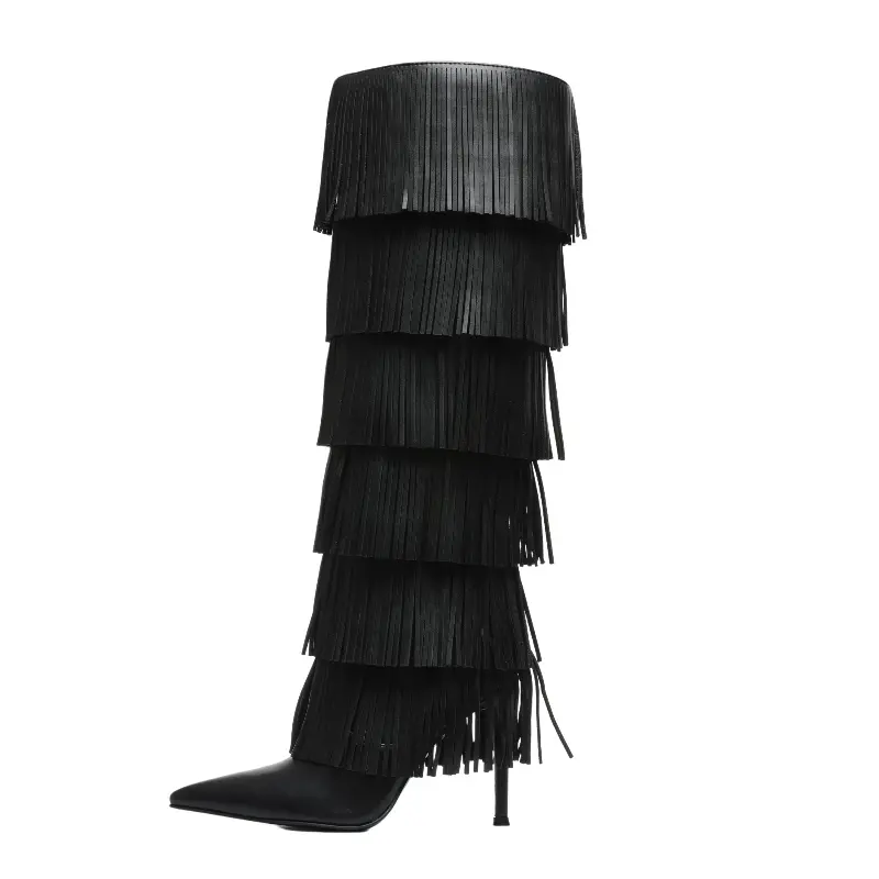 Women's Black Tiered Fringe Over-the-Knee Boots, Pointed Toe Stiletto High Heels, Elegant Winter Fashion Party Footwear for Women, Cowgirl & Outlaw Style Shoe