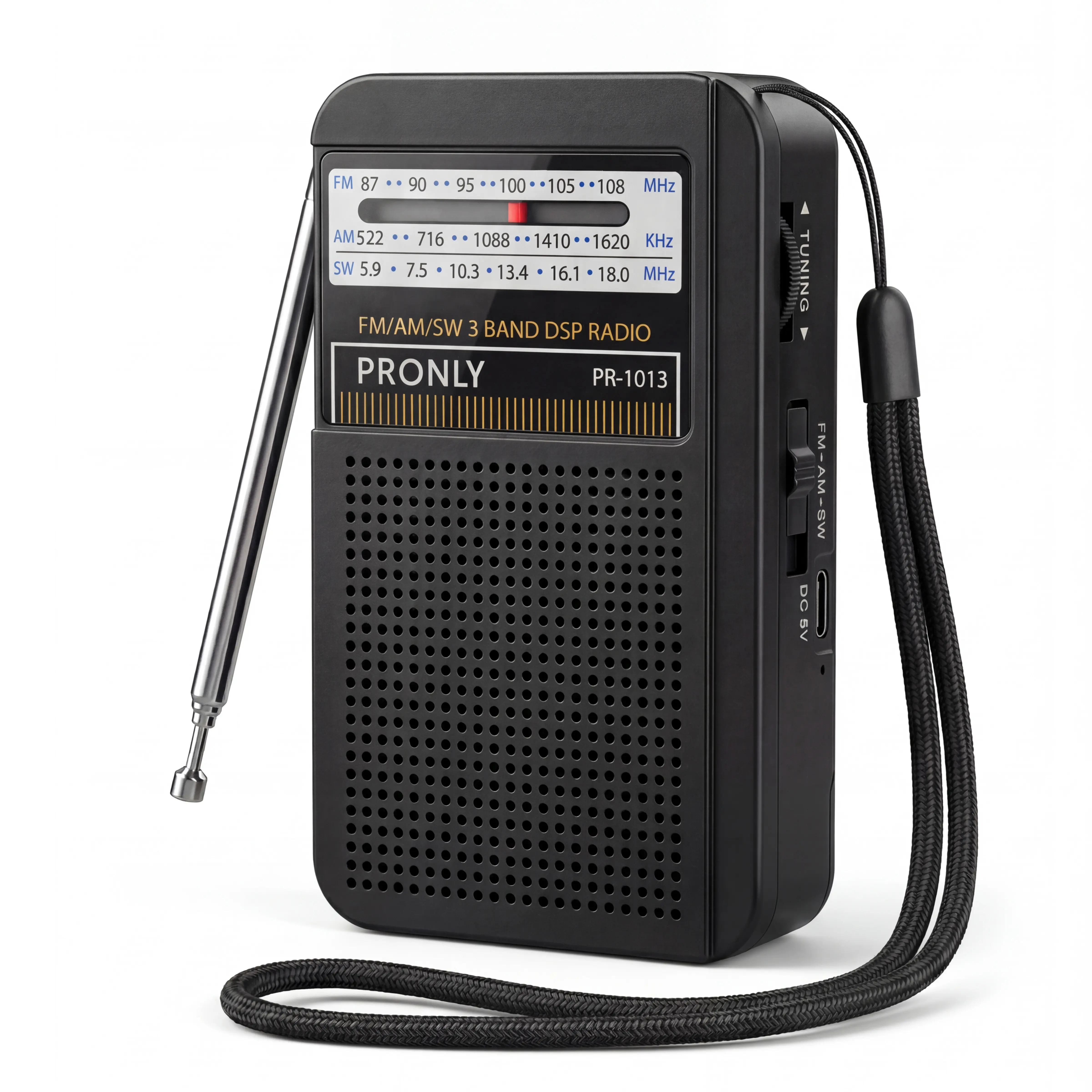 Pronly Portable AM FM Radio, 3 Band Transistor Radio with Shortwave, USB-C Rechargeable Portable Radio with Speaker & Telescopic Antenna for Home Camping Emergency Audio Black