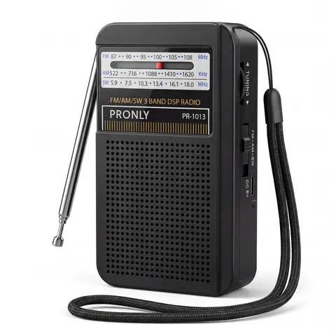 Pronly PR-1013 Compact Durable Multifunctional Portable AM SW Radio - FM/AM/SW, USB-C Port, Built-in Li-ion Battery, Textured Plastic Body, Audio Speaker, Speaker Out, Telescopic Antenna for Home, Emergency Use (Black)