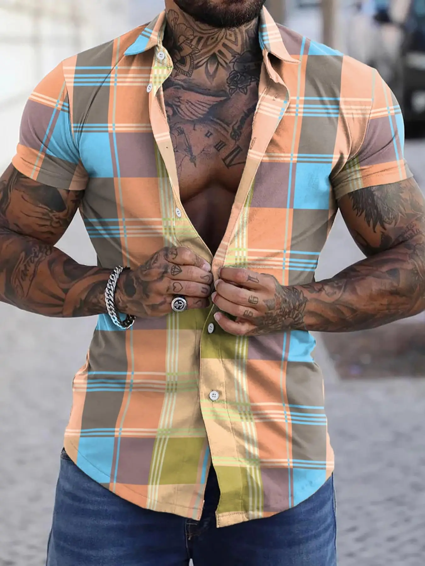 Men's Regular Fit Plaid Print Button Front Shirt, Short Sleeve Collar Top for Summer, Casual Daily Wear for Men