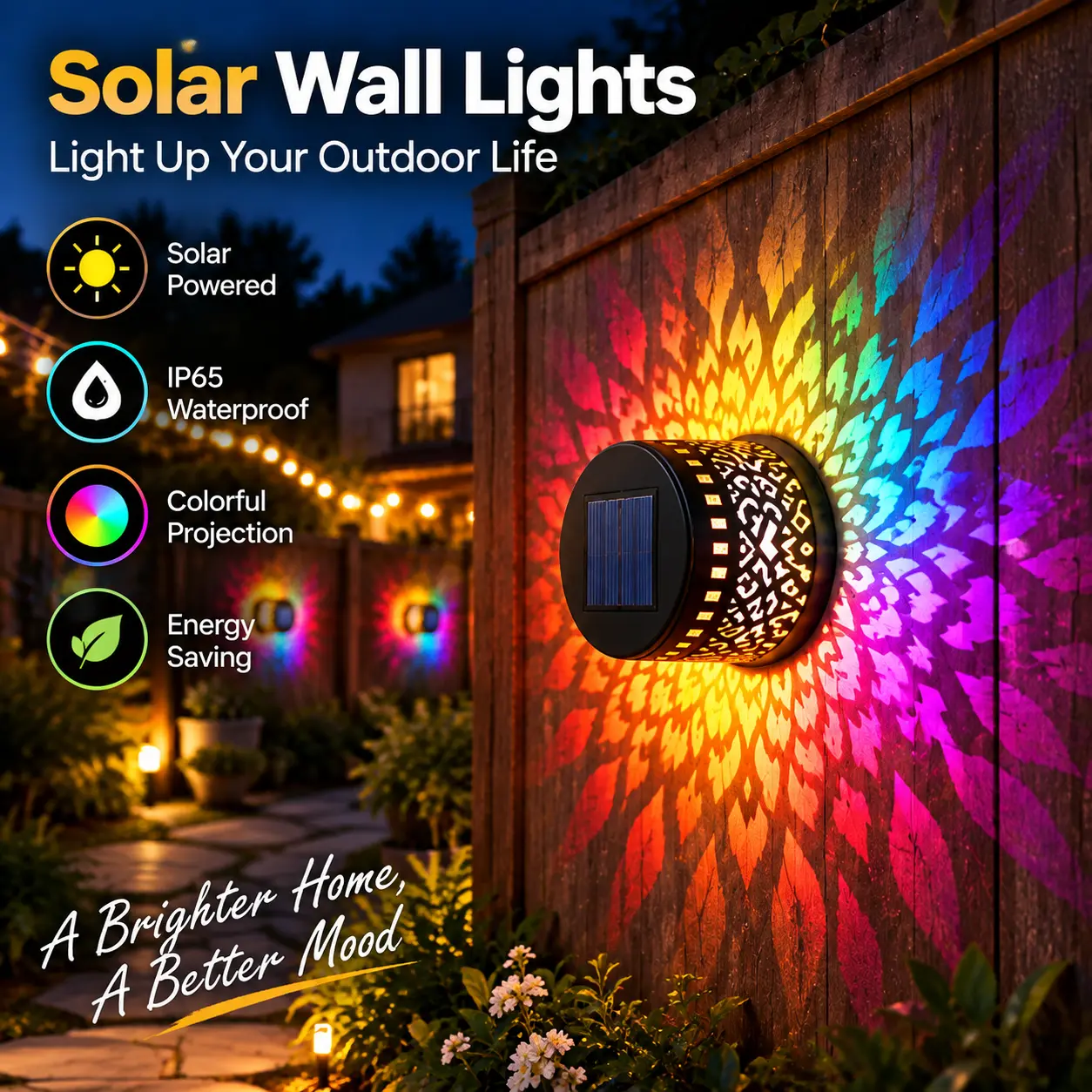 Solar Wall Lights Outdoor, Colorful Mandala Projection LED Solar Lights for Fence Patio Garden Porch Backyard Decoration, Auto On/Off Wall Lamp