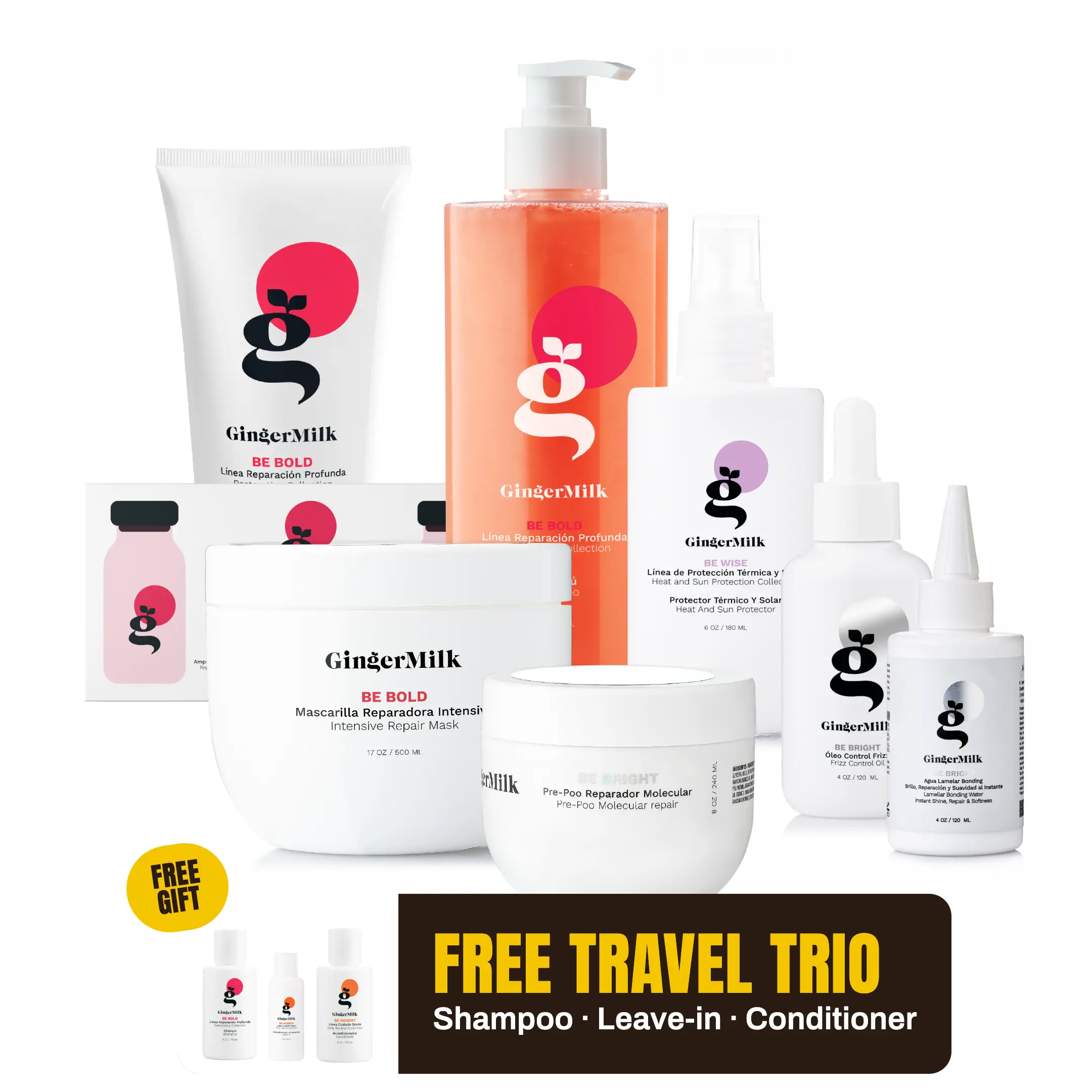 [LIVE] Repair Kit – 8 Full Pieces | Be Bold Shampoo 16oz + Be Bold Mask 17oz + Be Bold Protein Gel 9oz + Be Bright Pre-Poo 8oz + Be Bright Lamellar Water 4oz + Be Wise Heat Protector 6oz + Be Bright Frizz Oil 4oz + Be Bold Ampoules x6 | Ginger Milk