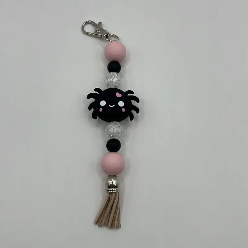 3-D Spider Silicone Keychain with Tassel - Pink and White Beads
