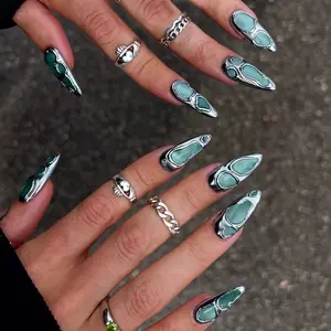 24pcs Long Almond Nail Tips, Metallic Style, Handmade Press On Detachable Fake Nails, Includes Jelly Glue and File