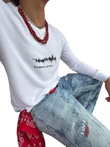 Voza Frequency of Love V-Neck Thermal Long Sleeve White L Cotton Blend Ribbed Cuffs Graphic Statement Top for Summer Streetwear Women's Casual Tshirt