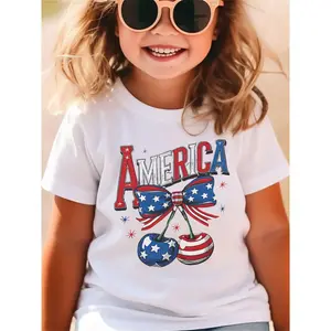 SHOWTLY Brand, Girl's T-shirt, America Patriotic Theme, Letter Print, Stars and Stripes Pattern, Bow and Cherries Design, Comfortable and Soft, Round Neck, Casual and Fashionable, Suitable for Daily Activities/kids Clothes Girls (3-13Y)