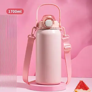 Large Belly Cup 1700ml Stainless Steel Insulated Cup with Pop-up Lid & Straw Portable Water Bottle for Kids & Adults Pink Color with Handle & Shoulder Strap