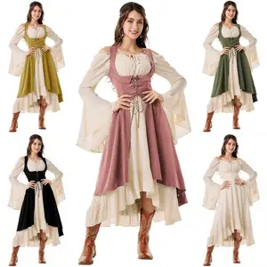Womens Vintage Cosplay Party Costumes Halloween Pirate Costume Captain Huntress Clubwear Corset Dresses  Renaissance GothicLong