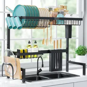 Over The Sink Dish Drying Rack - Adjustable 2 Tier Large Capacity Stainless Steel Drainer with Cutlery & Utensil Holders, Kitchen Storage racks & Organization