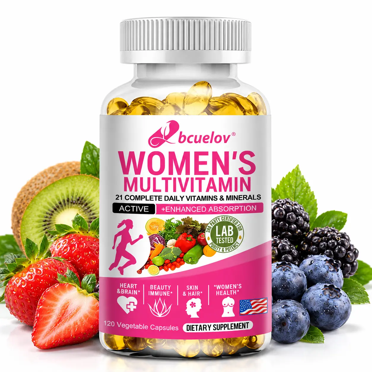 Bcuelov Women’s Multivitamin, 21 Vitamins & Minerals with Iron, Calcium, Vitamin D, B Vitamins, Biotin & Zinc, Daily Nutrition Supplement for Women, 120 Vegetable Capsules