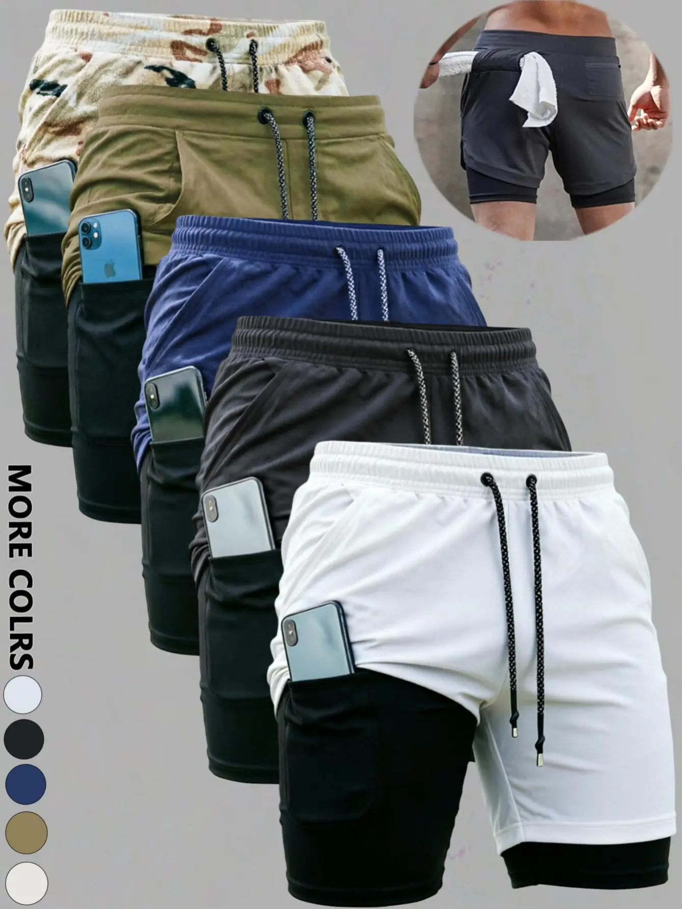 Men's 5-Pack Active Gym Shorts, 2-in-1 Double Layer High-Stretch Design with Inner Pocket for Workout & Training, Athletic Shorts, Men's Shorts