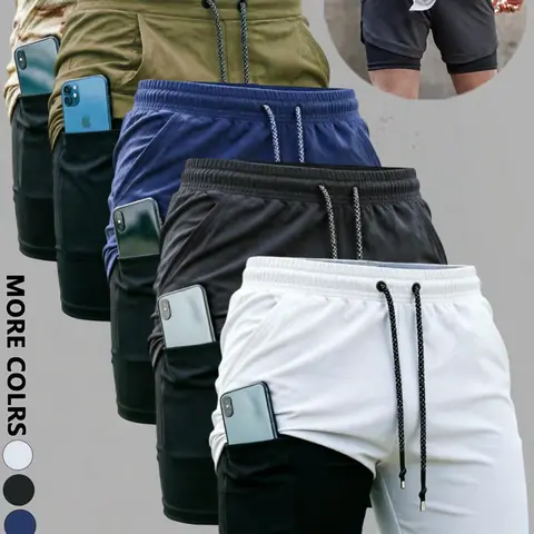 Men's High-Stretch 5-Pack Synthetic Elastane-Polyester Blend 2-in-1 Workout Exercise Performance Training Shorts - Double Layer, Inner Pocket, Extra Support, Black, Blue, Do Not Dry Clean