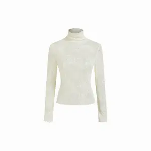 Cider Lace High Neck Long Sleeve Lettuce Trim See-through Top