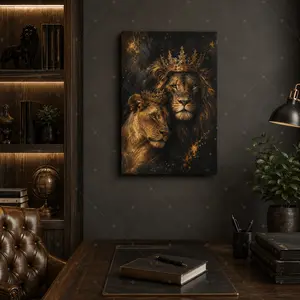 Black & Gold Lion King & Queen Canvas Wall Art, Majestic Luxury Poster for Living Room & Office Decor