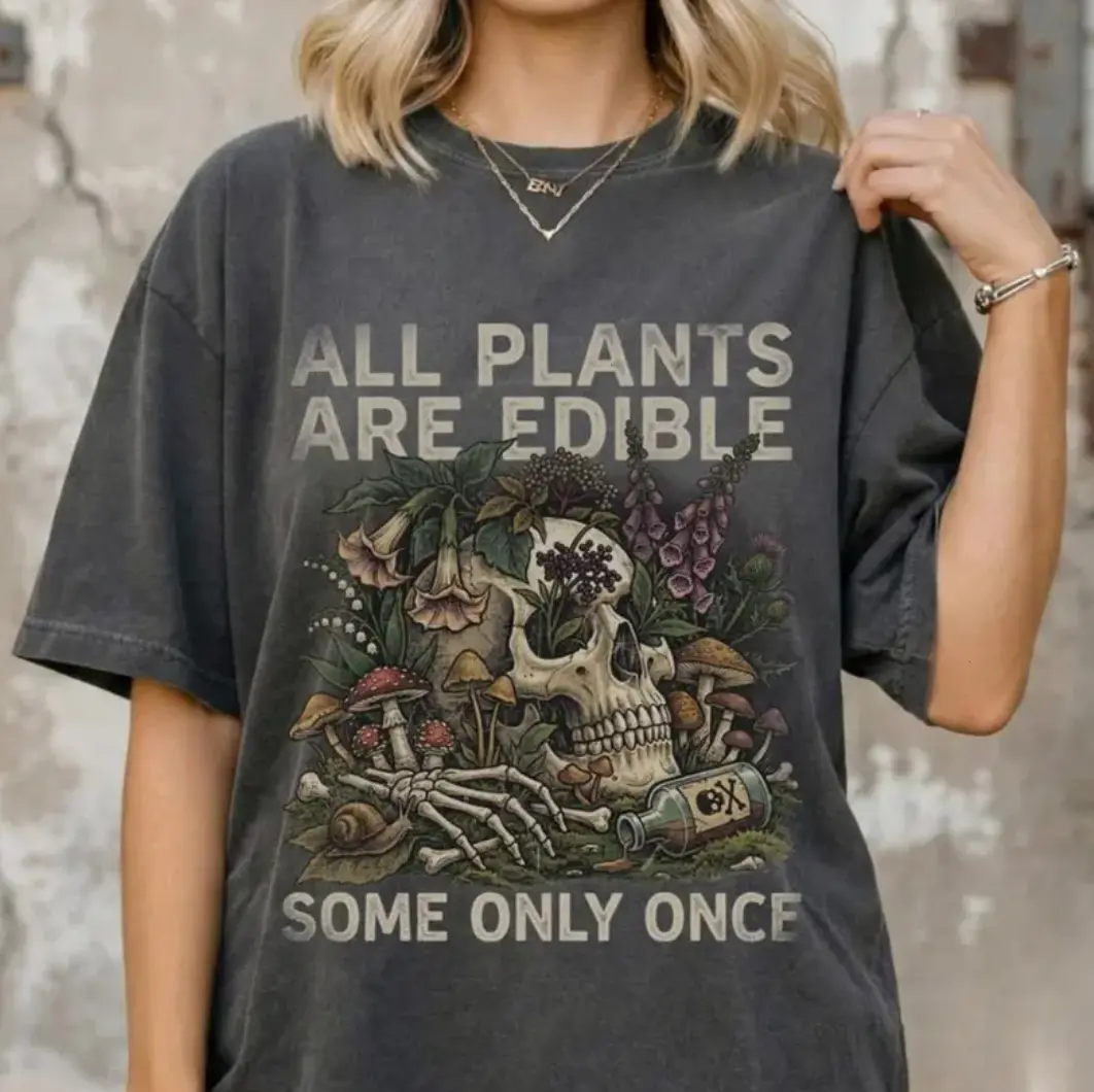 [Sale 50% off] Vinatge Gothic Skull All Plants Are Edible Halloween Unisex Shirt-Sweatshirt-Hoodie, Funny Foraging Skull T-shirt, Dark Humor Goblincore Graphic Tee, Halloween Gift Shirt