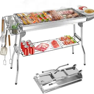 GEEKHOM Portable Charcoal Grill, Large Stainless Steel Folding BBQ Grill, Foldable Barbecue Grill with Storage Shelf for Camping BBQ Garden Backyard Party Picnic Outdoor Cooking Kabob, 39x13.4x28 inch
