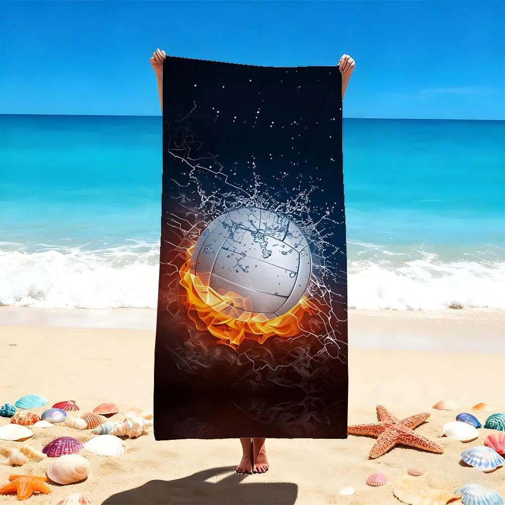 1 Pc Beach Towel with Fiery Volleyball Design - Stylish Dark Sports Theme, Perfect for Beach and Pool Days, Vibrant and Eye-Catching, Ideal for Sunbathing and Swimming Adventures