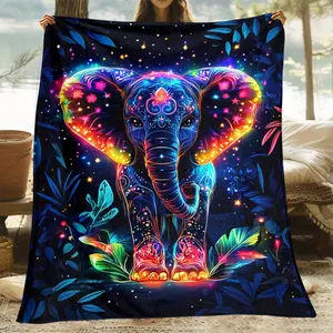1pc Vibrant Elephant Luminous Blanket, Soft & Warm Flannel Throw, Lightweight Polyester, All-Season, Cozy for Sofa, Bed, Bedroom, Living Room, Office, Couch, Chair, Camping, Picnic, Travel - Machine Washable