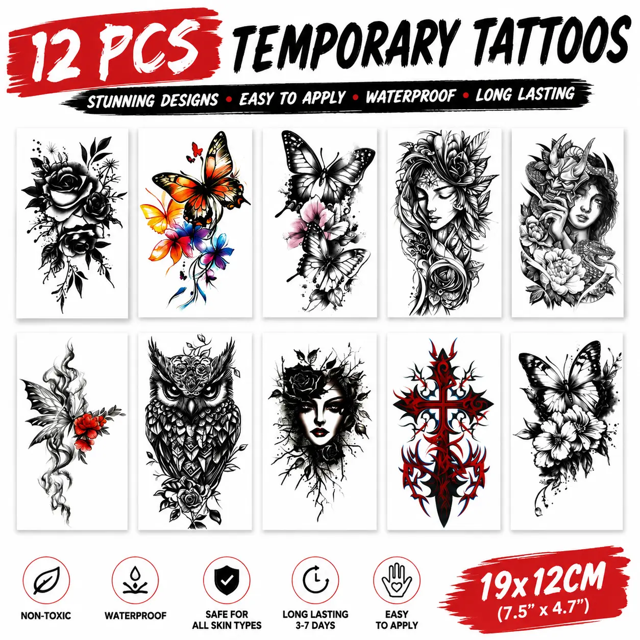 Sensitive-Skin Removable Temporary Tattoo Sheets Accessories, 12 Sheets 12cm×19cm Half Sleeve Waterproof Gothic Blackwork Fake Tattoos for Women, Rose Butterfly Owl Inked Aesthetic Art for Festival Rave, Tattoo Art