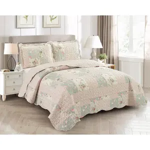 Rose and Sage Set, 3-Piece Bedding Sets, Patchwork, Washable and Reversible Bedspread, Soft Lightweight Coverlet, All-Season, Full/Queen, Light Pink Green