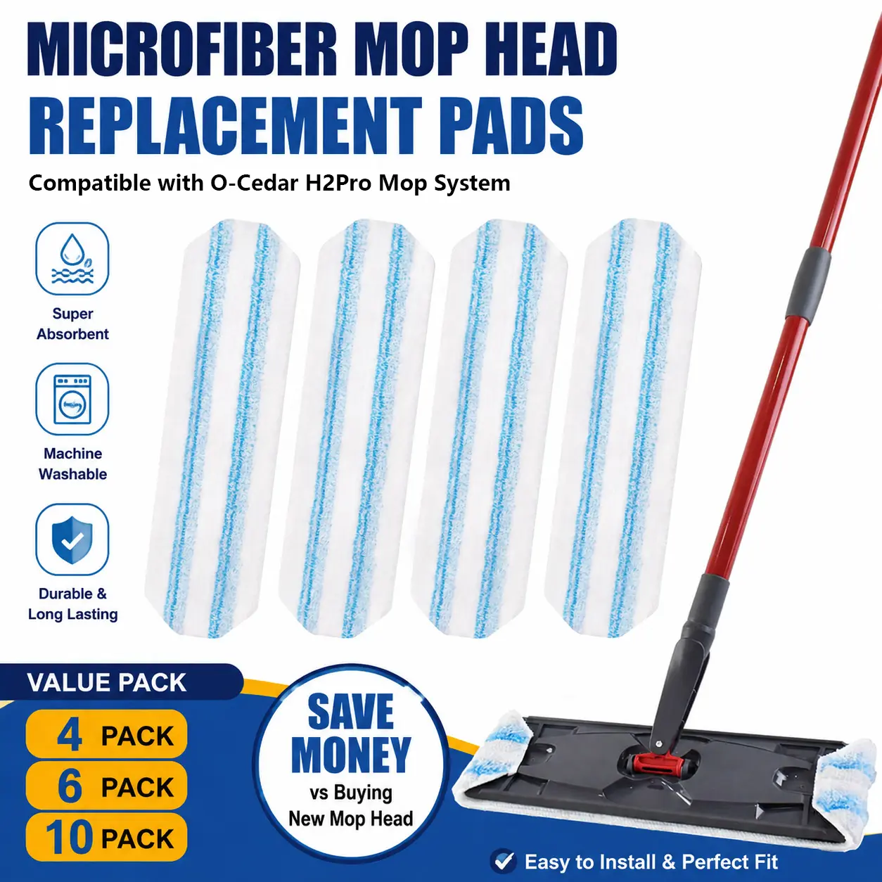 H2Pro Compatible Microfiber Mop Replacement Heads, Washable Reusable Pads for System Mops, Absorbs Well Floor Cleaning Refills for Hardwood & Tile Floors