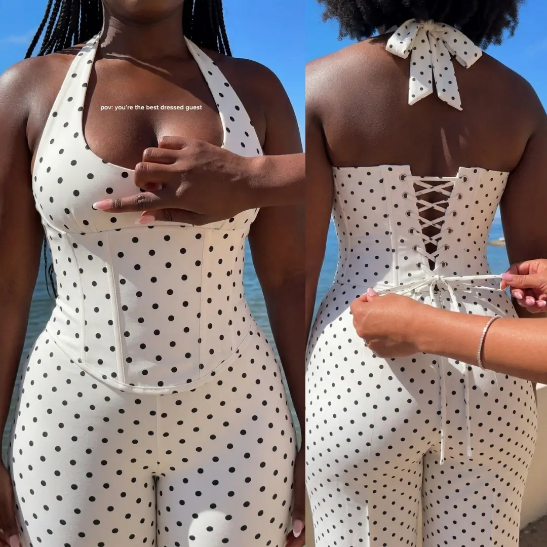 Sculpt Touch Polka Dot Hourglass Jumpsuit with Corset Belt| Halter Neck Backless Capri Shapewear Bodysuit Tummy Control & Butt Lift