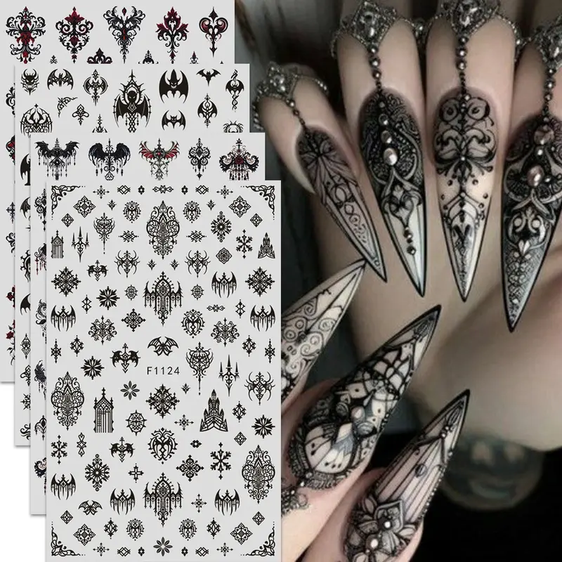 4pcs Gothic Stickers Set, Self-Adhesive Manicure Decals, Matte Finish, DIY Beauty Accessories, Nail Art Products, Perfect Gift for Women