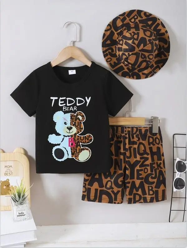 Ready Stock 4-7Y Kids Girls Summer Casual Outfits Short Sleeve TEDDY BEAR Graphics tops&Elastics Letter Print Shorts 2pcs Black 22412139